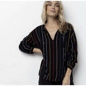 Rails Nina Jordan Black Rayon Multi Stripe Long Sleeves Top Blouse Size Small